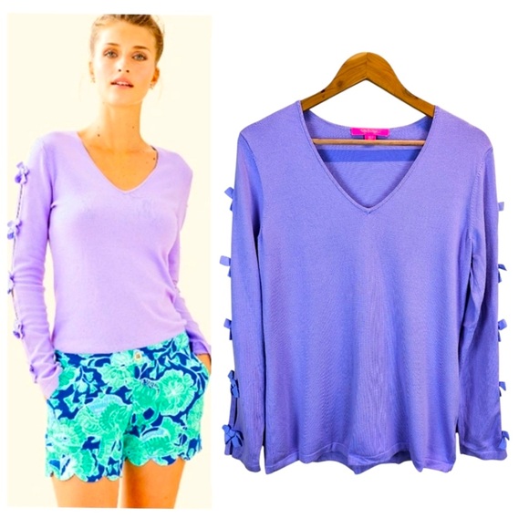 Lilly Pulitzer Tops - Lilly Pulitzer Lavender Bow Sleeve Top Size Large V-Neck Charming Coastal Preppy